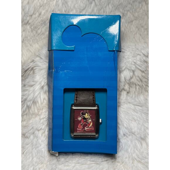 Disney Mickey Mouse Watch New in Box, Square with brown Leather wrist band - Picture 2 of 4